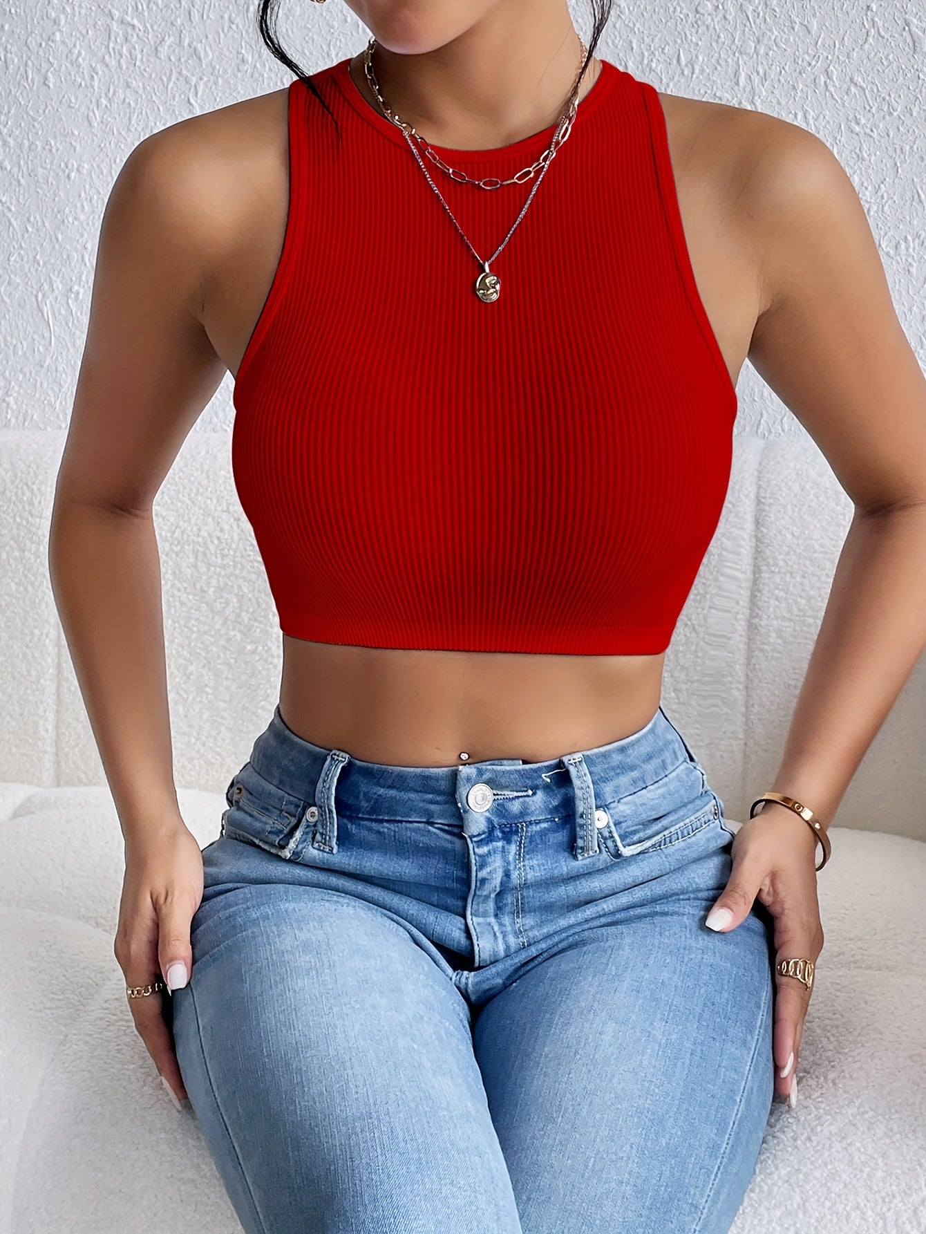 Solid Ribbed Crop Tank Top, Casual Sleeveless Basic Summer Top, Women's Clothing