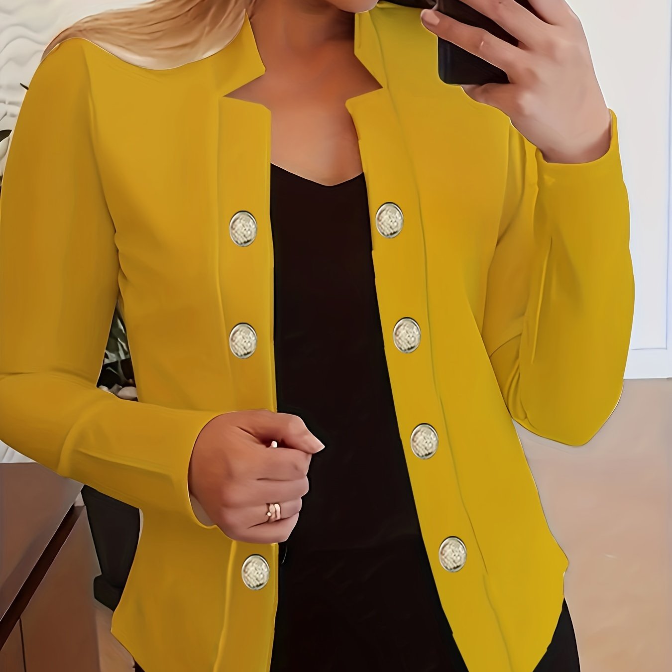 Button Decor Open Front Blazer, Casual Long Sleeve.