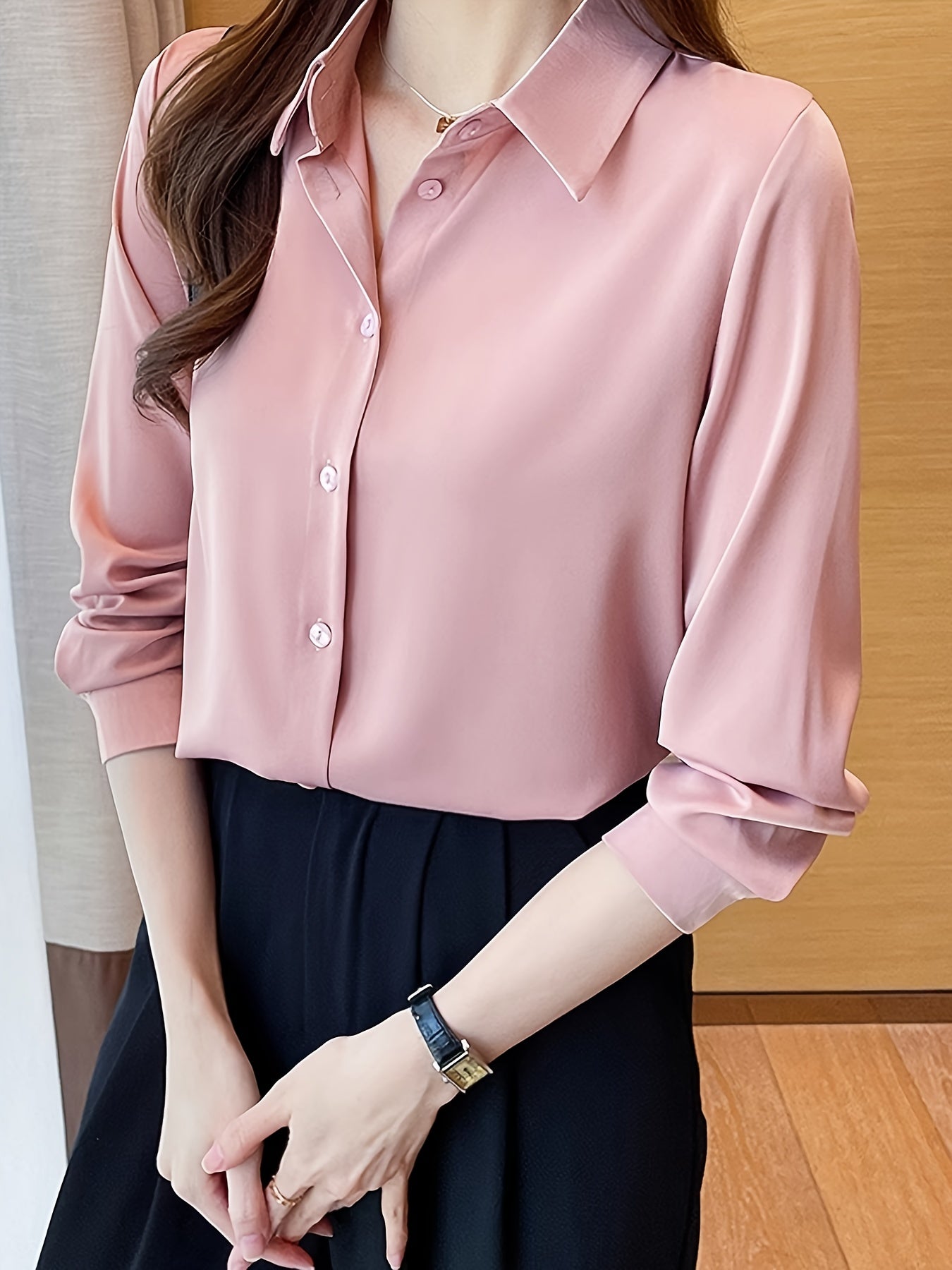 Luxury Feel Wrinkle-Resistant Satin Shirt for Women | Solid Color