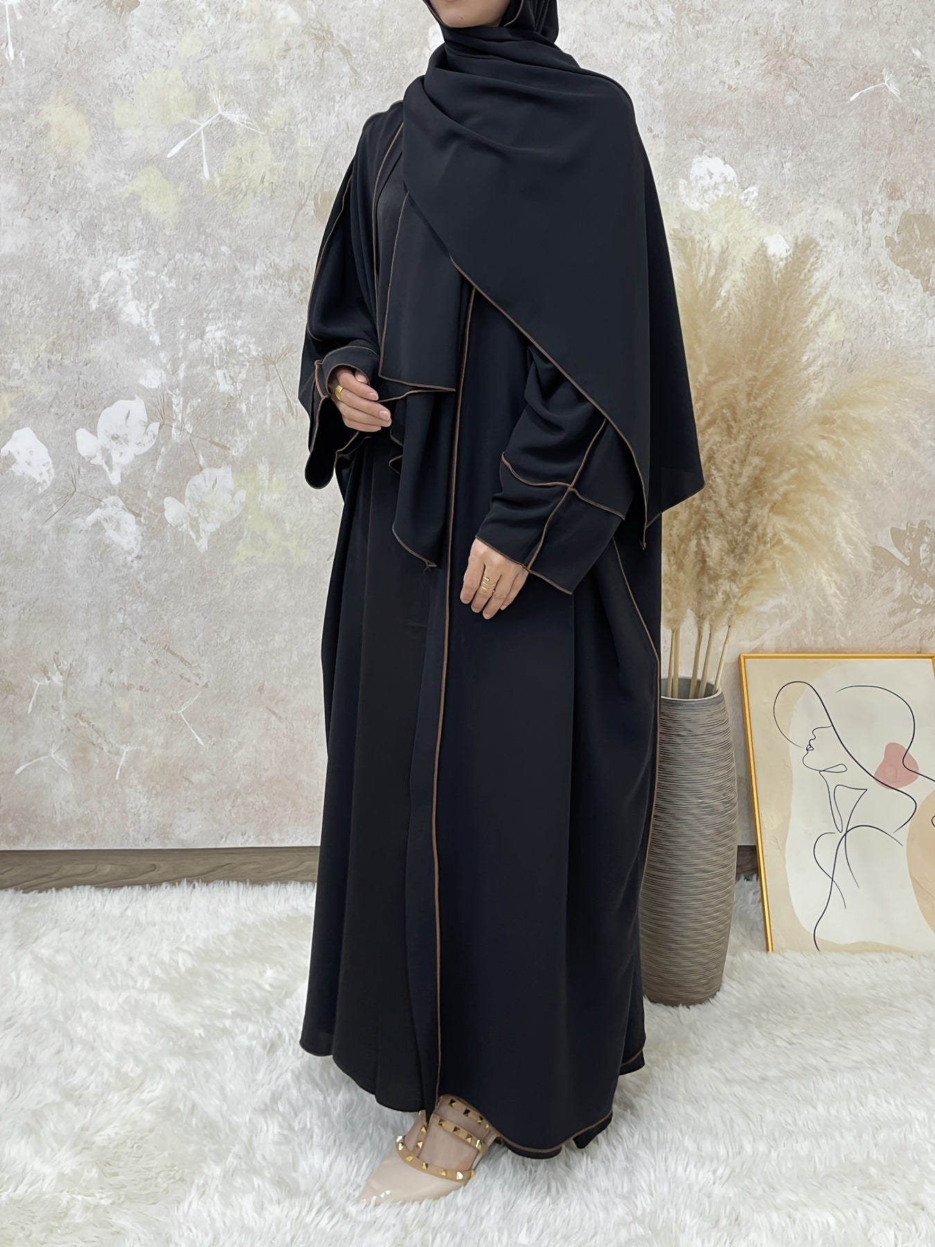 Elegant Contrast Trim Two-piece Set, Open Fron& Khimar Hijab,/MH