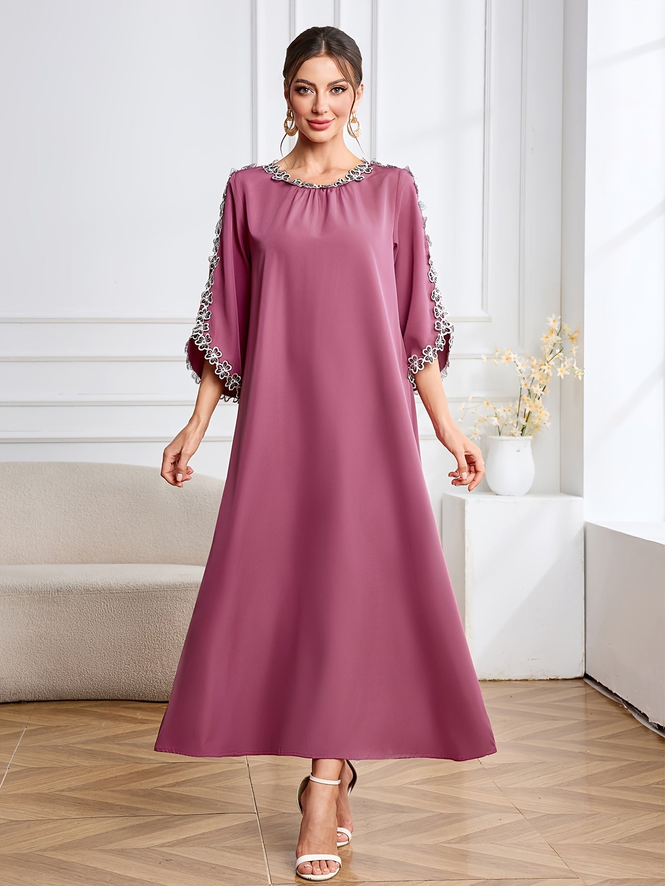 Elegant Long Sleeve Embroidered Kaftan Dress - Round Neck, women fashion'/MH