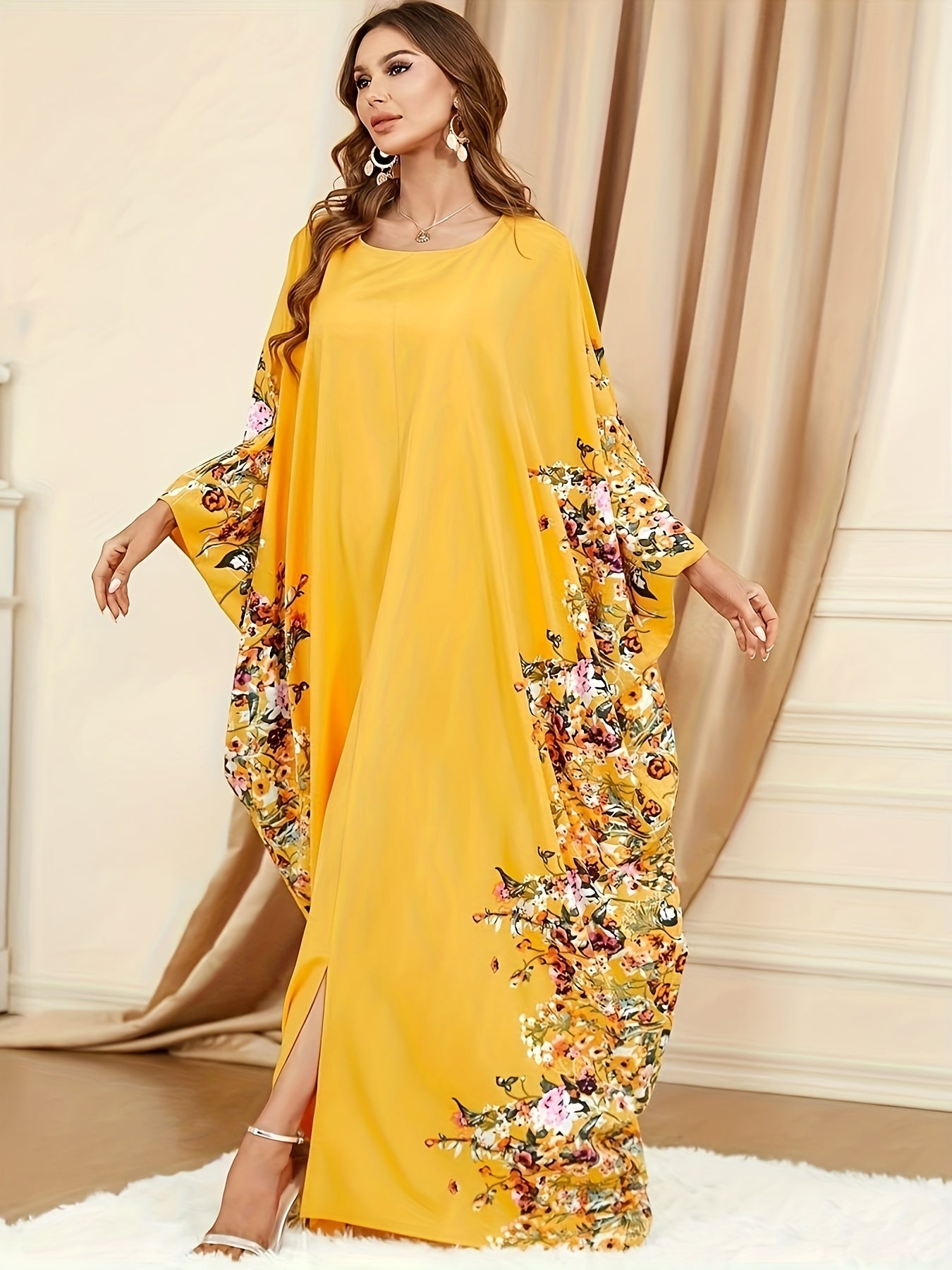 Floral Print Crew Neck Kaftan, Elegant Batwing Sleeve'/MH