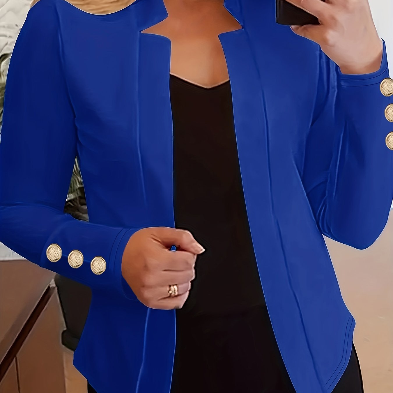 Solid Open Front Button Decor Blazer, Elegant Long Sleeve Blazer.