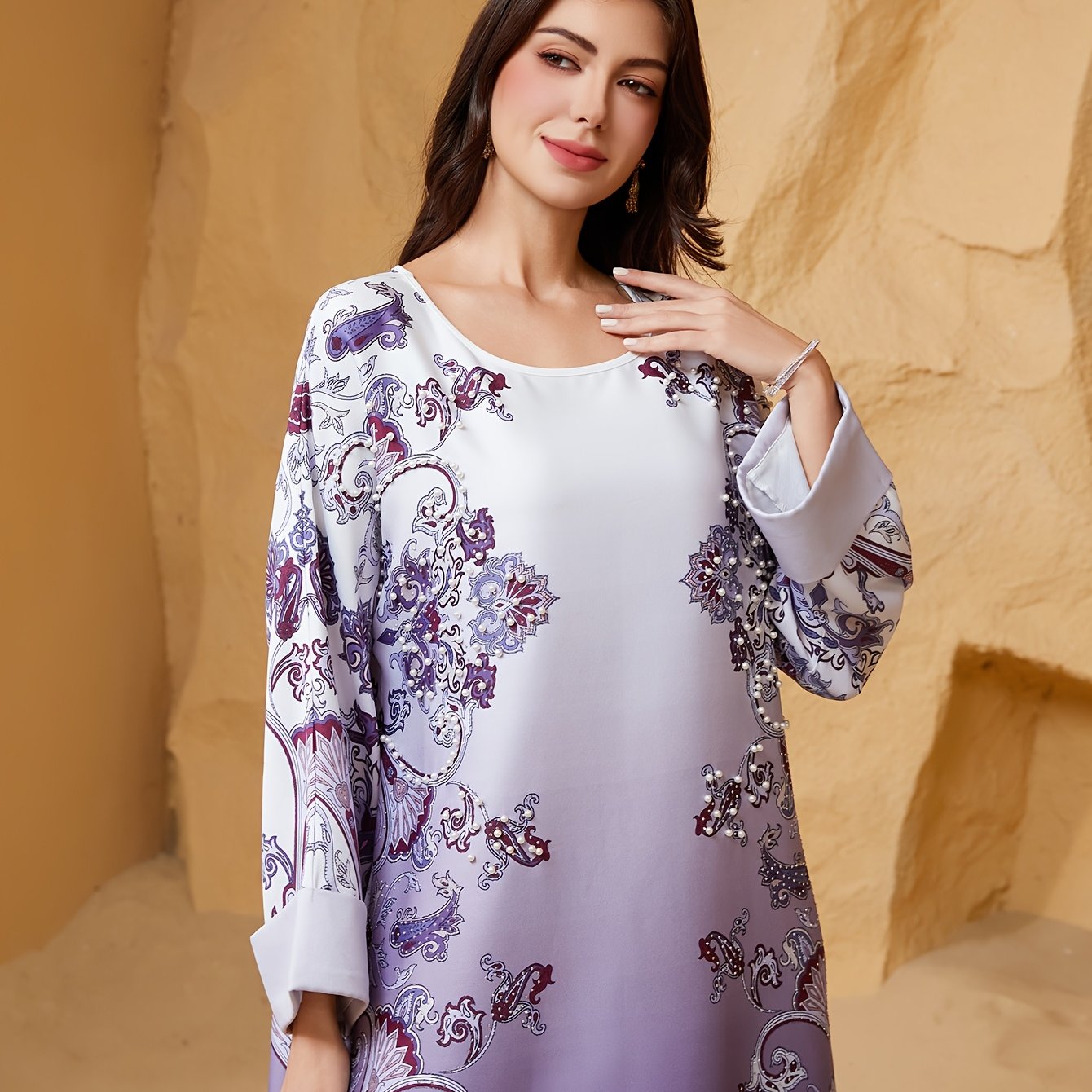 Elegant Purple Floral Print Abaya Dress for Women -/MH