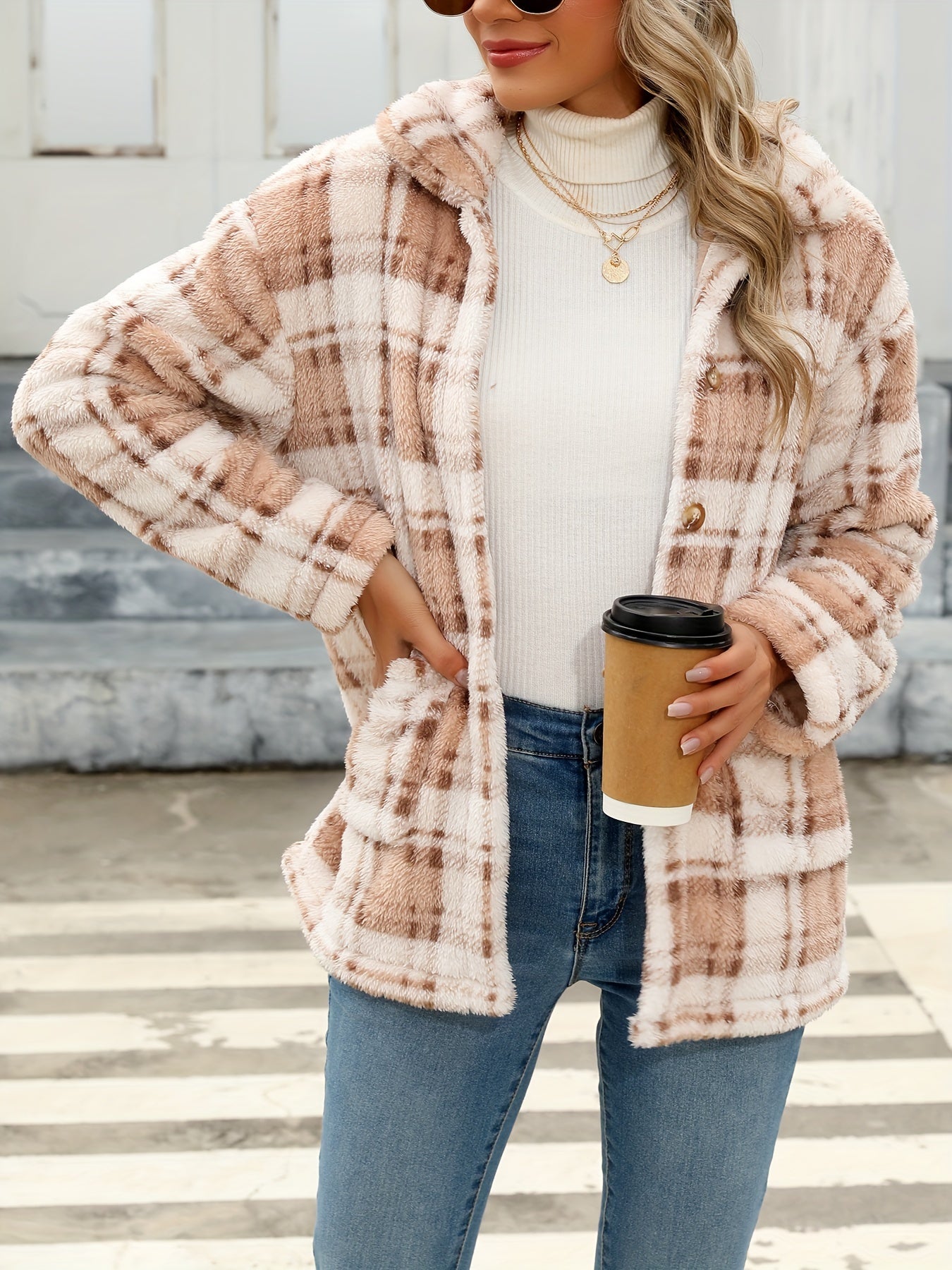 Long Sleeve Plaid Print Teddy Coat with Patched Pockets - Soft, Warm,