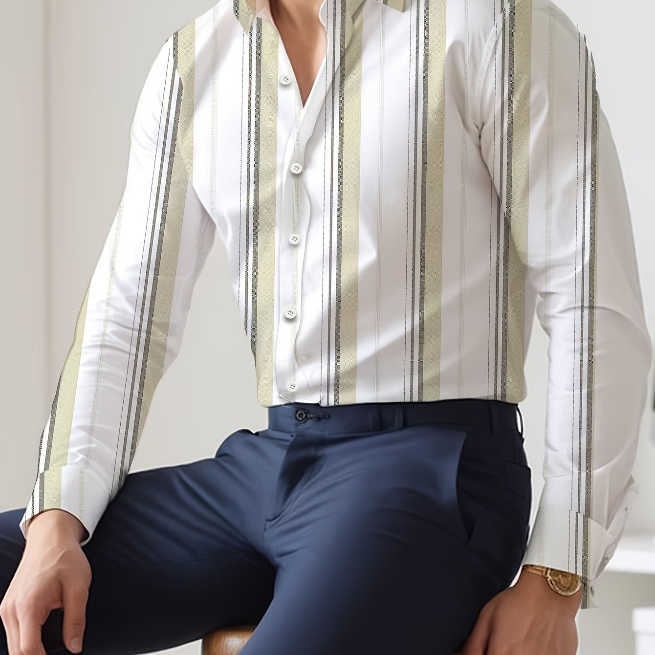 Men's Striped Lapel Collar Dress Shirts, Long Sleeve .
