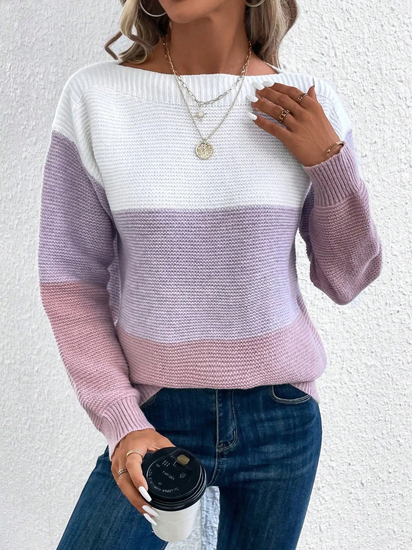 Elegant Three-color Patchwork Sweater Women Daily Commuter Casual .