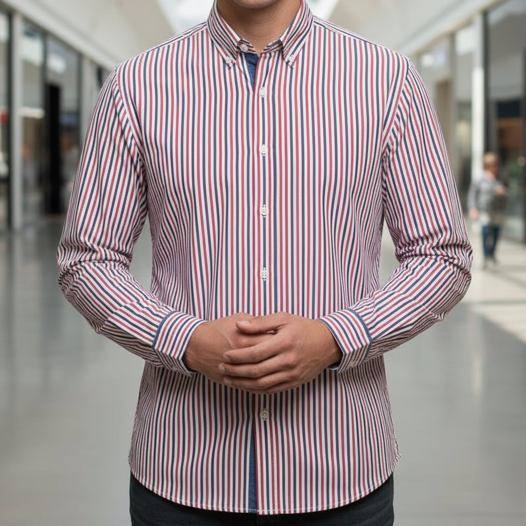 Men's Slim Fit Vertical Striped Cotton Long Sleeve Shirt | MH