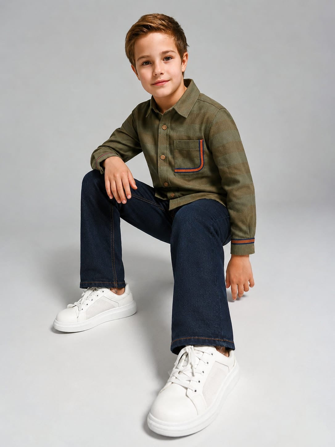 Olive Horizon: Boys’ Striped Long-Sleeve Button-Down with Contrast Pocket Shirt,Size 3-14Years I MH