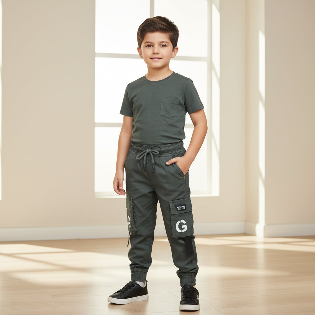 Boys Cargo Jogger Pants Dark Green 1-8 Years - Kids Casual Trousers with Pockets | MH
