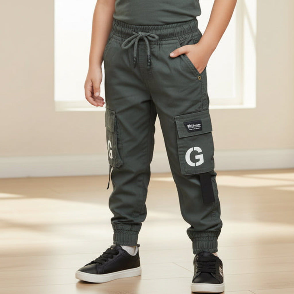 Boys Cargo Jogger Pants Dark Green 1-8 Years - Kids Casual Trousers with Pockets | MH