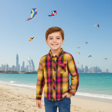 Boys Colorful Plaid Shirt Long Sleeve Collar Pocket Check Pattern | Sizes 2-12Years | MH