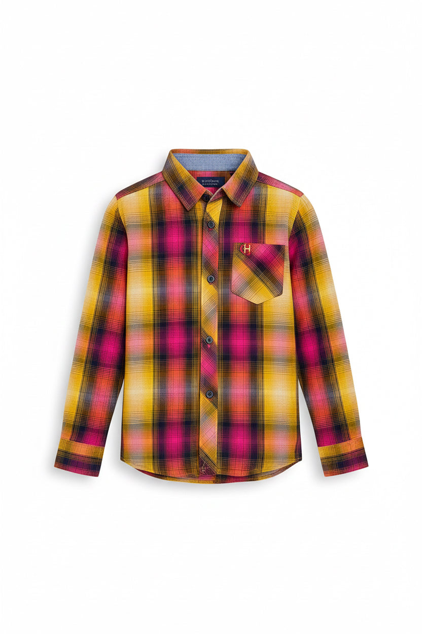 Boys Colorful Plaid Shirt Long Sleeve Collar Pocket Check Pattern | Sizes 2-12Years | MH