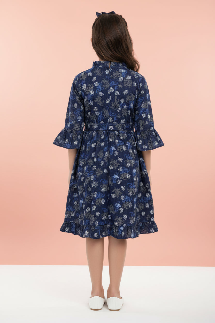 Girls' Floral Long Sleeve Flare Dress – Ruffle Cuff Cotton Party Dress (2-12 Years) | MH