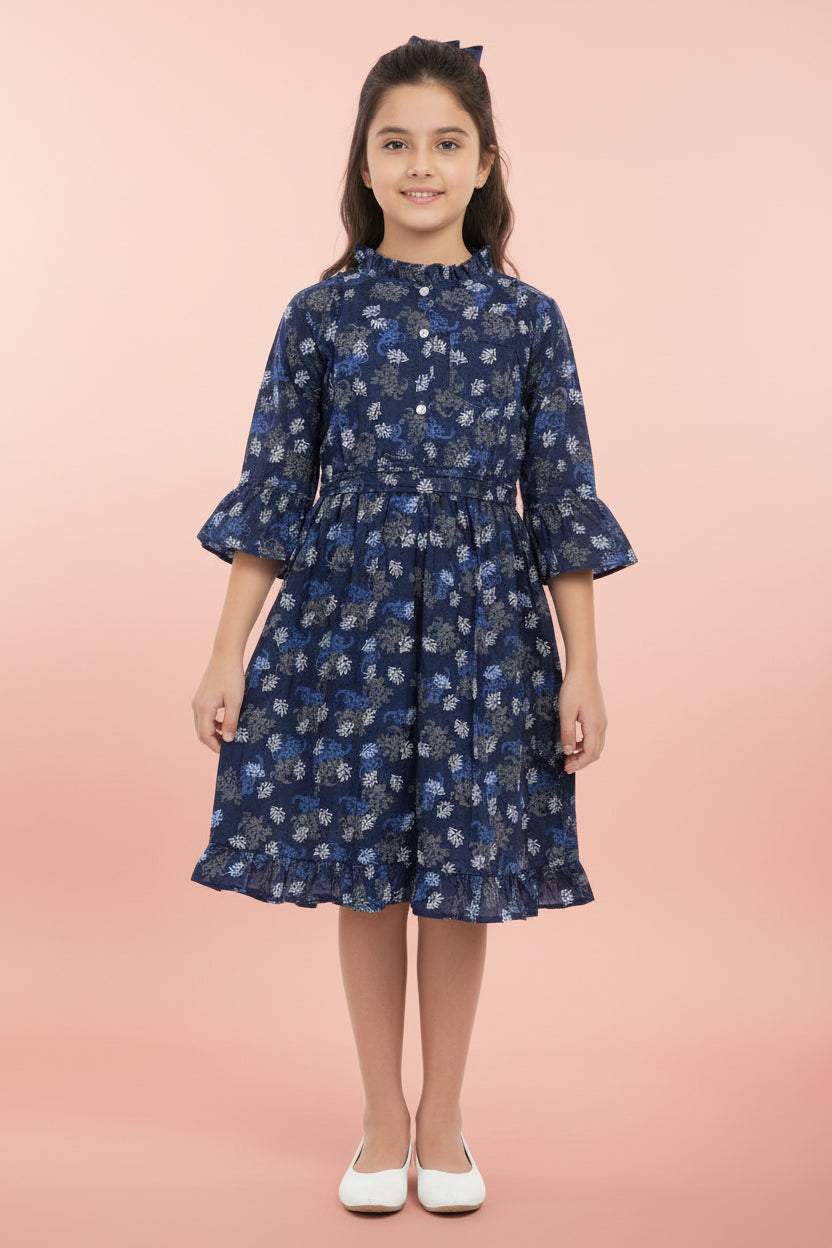 Girls' Floral Long Sleeve Flare Dress – Ruffle Cuff Cotton Party Dress (2-12 Years) | MH