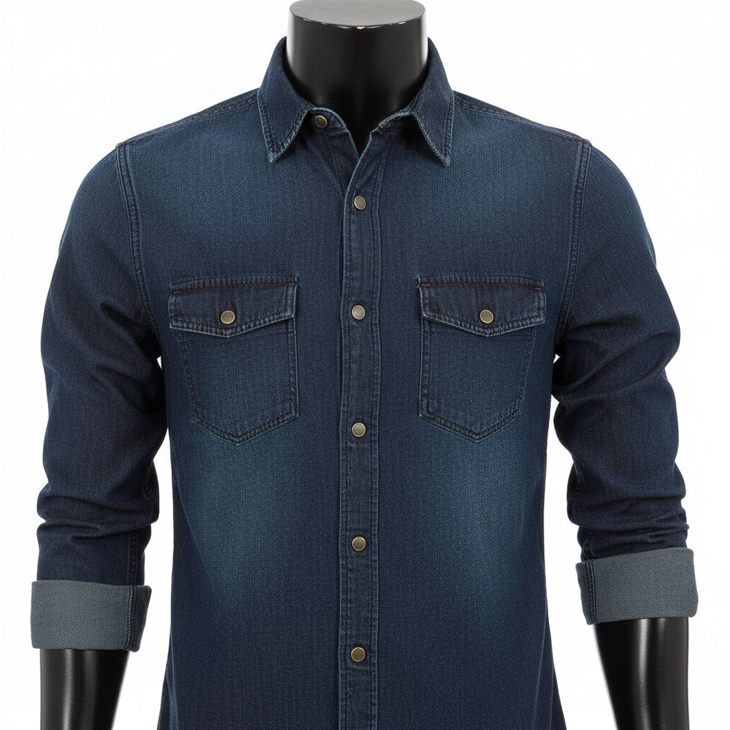 Men’s Blue Denim Button-Up Shirt Long Sleeve Relaxed Fit | Sizes S-XL | MH