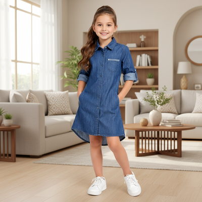 Classic Blue Denim Shirt Dress for Girls with Contrast Pocket Detail | MH