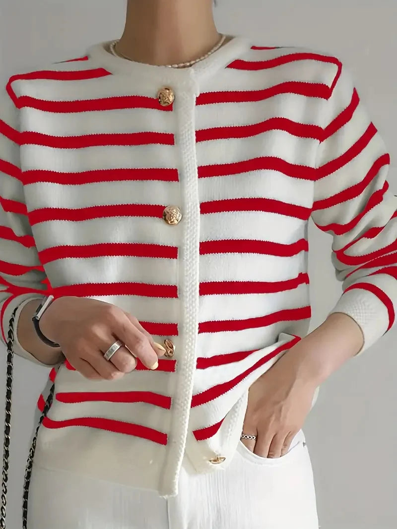 Chic Striped Cardigan Sweater Soft Long Sleeve Crew Neck Button.