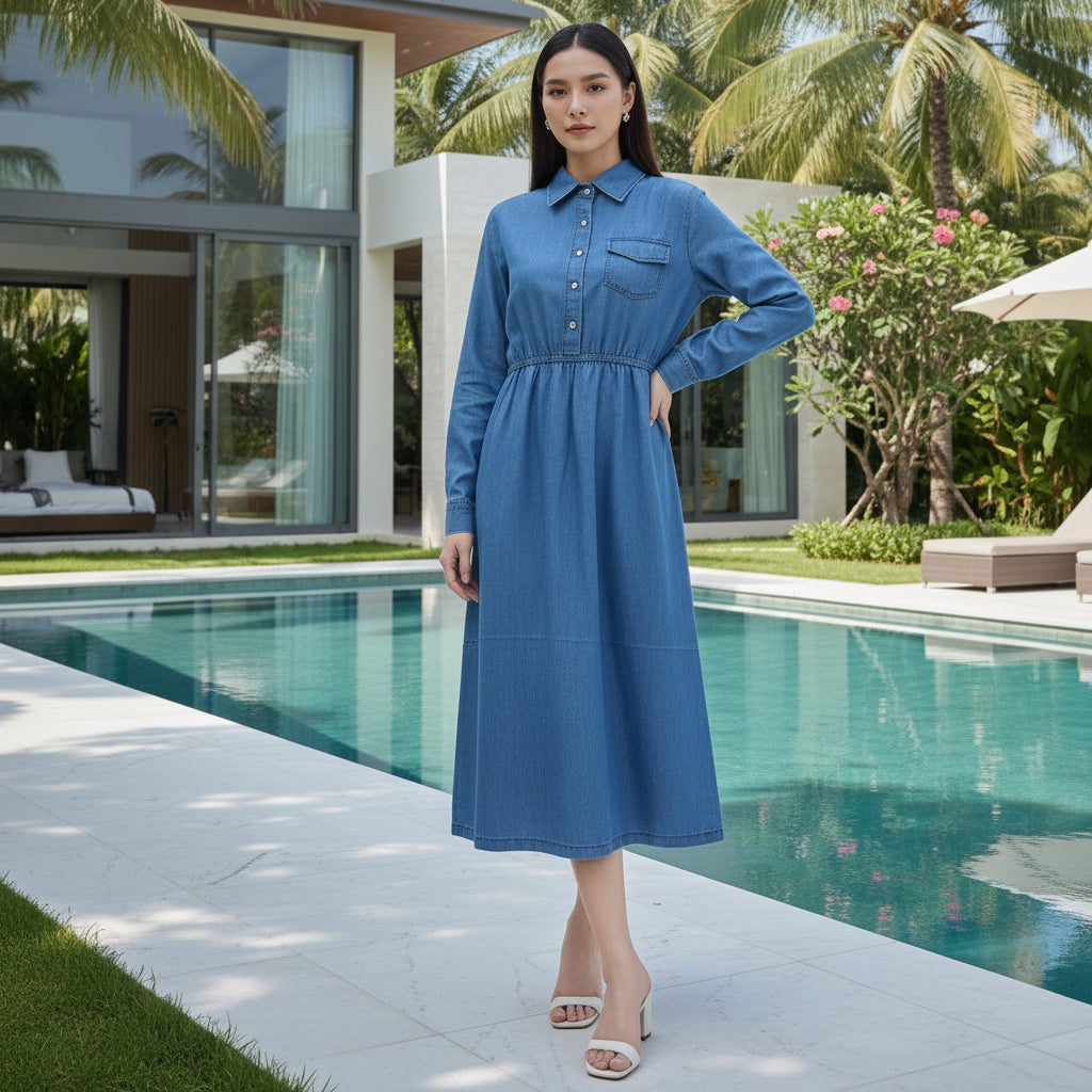 Elegant Denim Midi Shirt Dress for Women – Long Sleeve Button-Down with Elastic Waist (S-XL) | MH