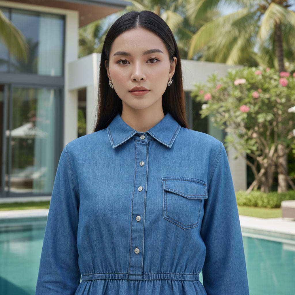 Elegant Denim Midi Shirt Dress for Women – Long Sleeve Button-Down with Elastic Waist (S-XL) | MH