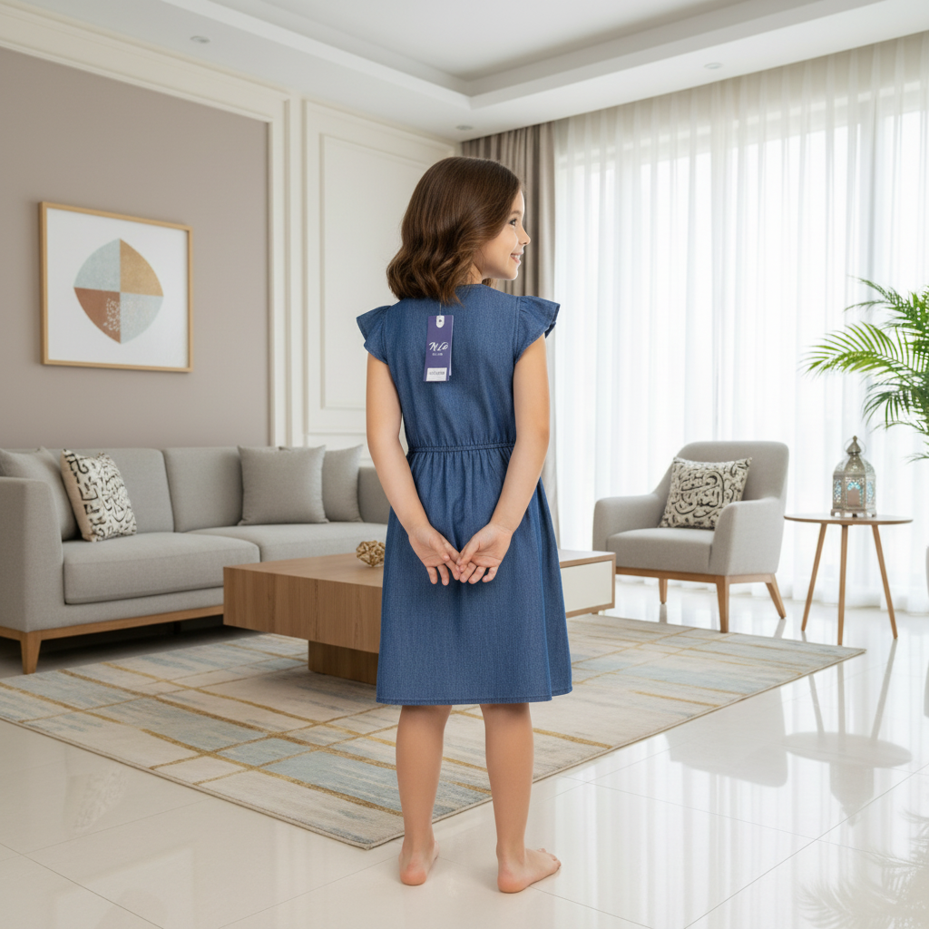 Girls Soft Denim Knee-Length Dress – Lightweight Flutter Sleeve Summer Outfit | Sizes (1-6Years) MH