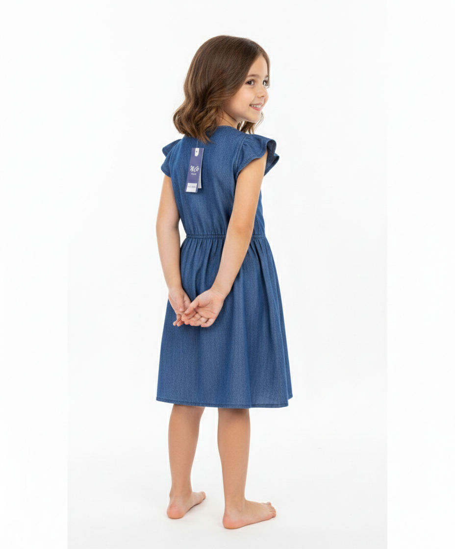 Girls Soft Denim Knee-Length Dress – Lightweight Flutter Sleeve Summer Outfit | MH