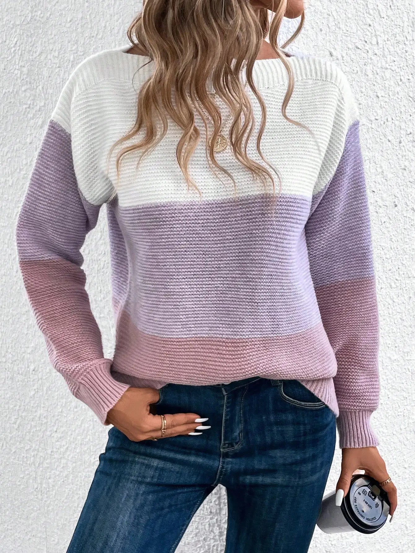 Elegant Three-color Patchwork Sweater Women Daily Commuter Casual .