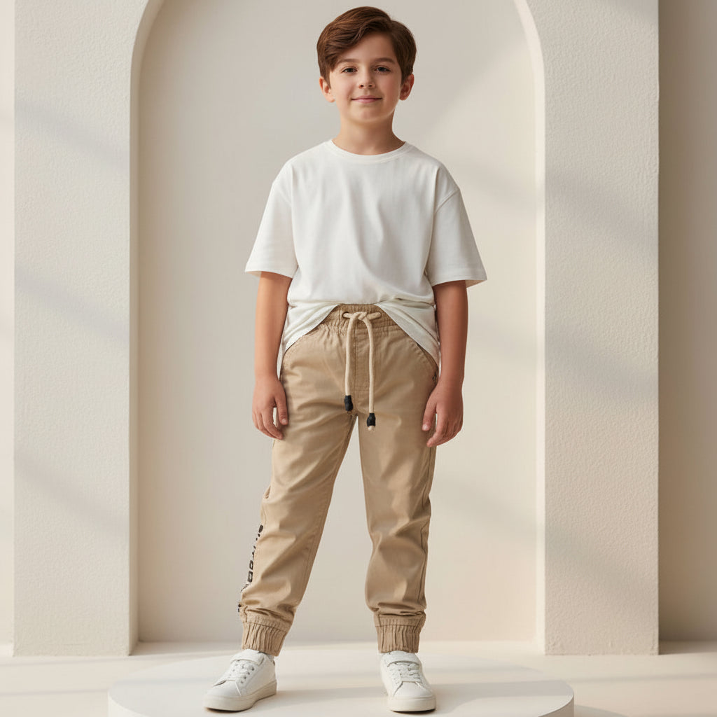 Boys Beige Jogger Trousers Ages 9 to 16 - Everyday Drawstring Pants with Black Side Detail | MH