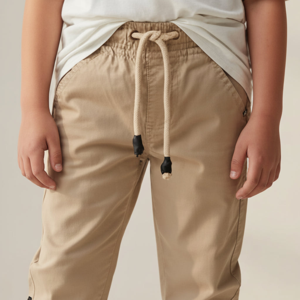 Boys Beige Jogger Trousers Ages 9 to 16 - Everyday Drawstring Pants with Black Side Detail | MH