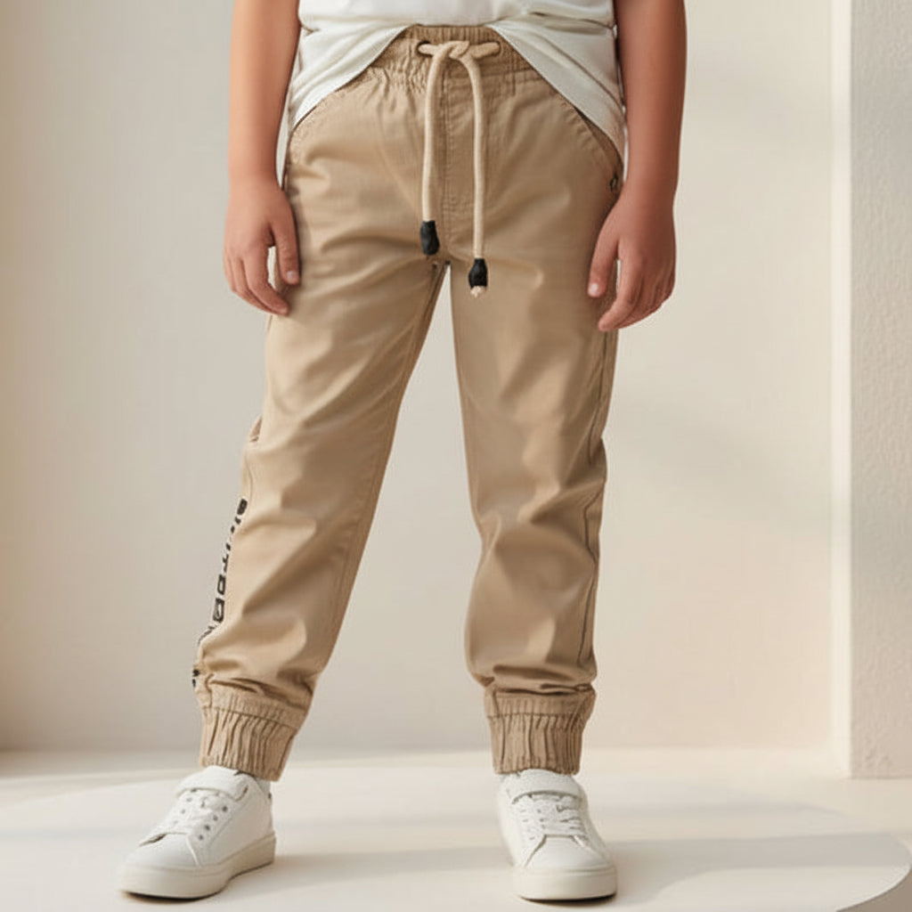 Boys Beige Jogger Trousers Ages 9 to 16 - Everyday Drawstring Pants with Black Side Detail | MH