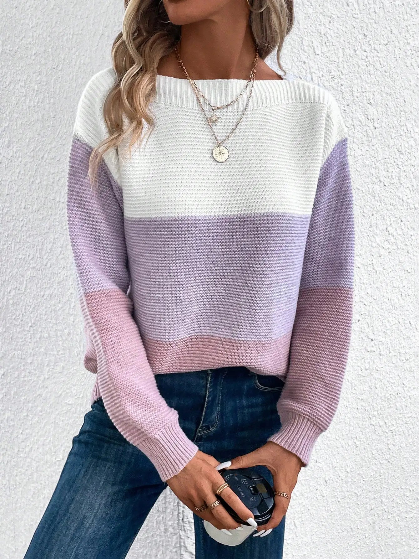 Elegant Three-color Patchwork Sweater Women Daily Commuter Casual .