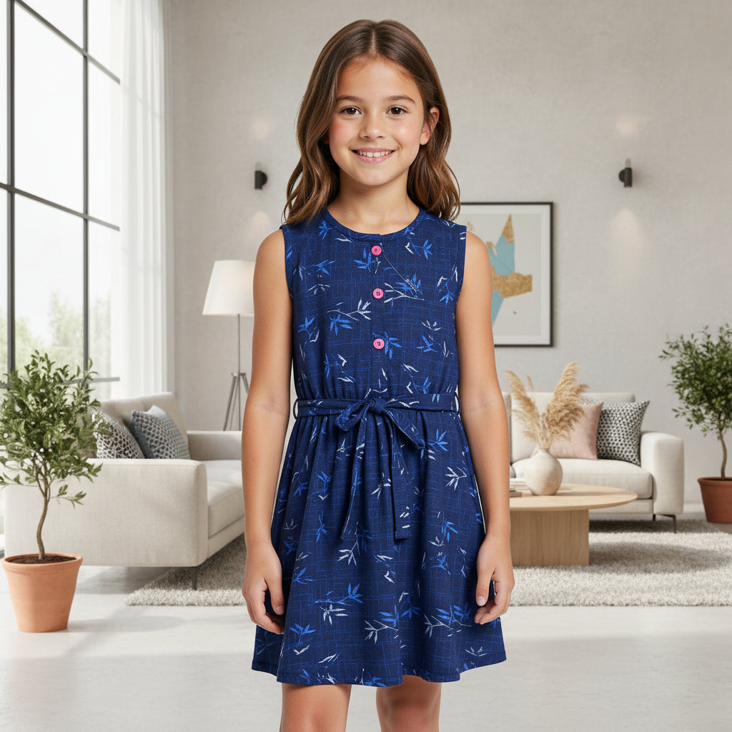 Girls Navy Blue Bamboo Print Sleeveless Dress with Belt | MH Kids Summer Casual Dress Age(2-12Years)