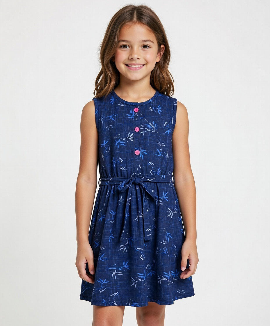 Girls Navy Blue Bamboo Print Sleeveless Dress with Belt | MH Kids Summer Casual Dress Age(2-12Years)