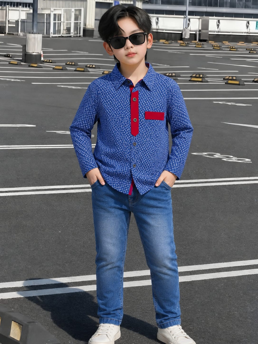 Boys’ Blue Red Trim Long Sleeve Shirt Button Up Dotted Print | Sizes 2-12 Years | MH