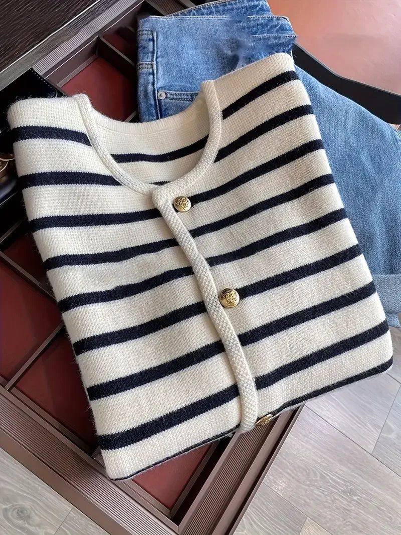 Chic Striped Cardigan Sweater Soft Long Sleeve Crew Neck Button.