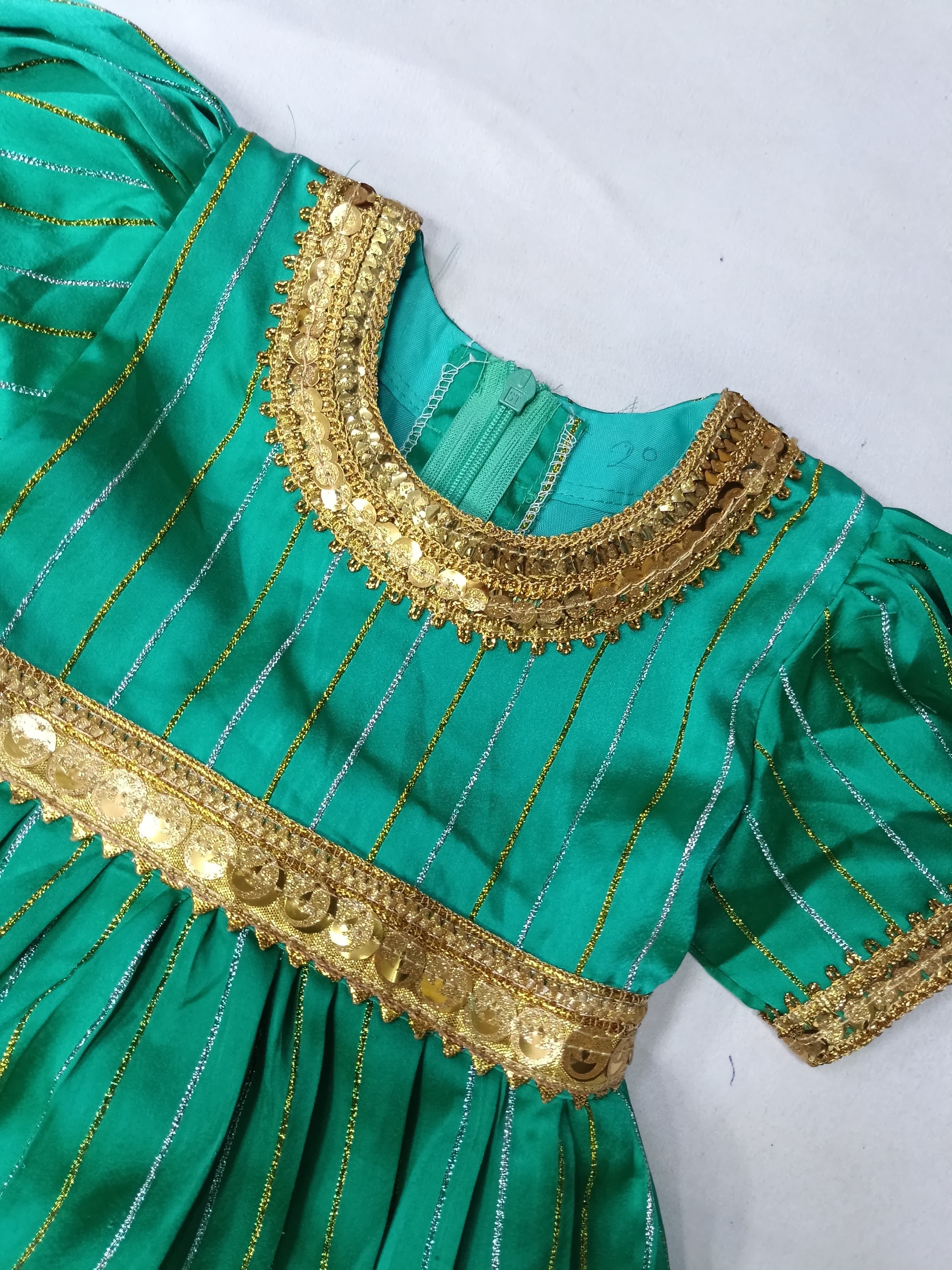Omani Heritage Girls' Emerald Green Silk Dress - Golden Zari Work (Ages 4)