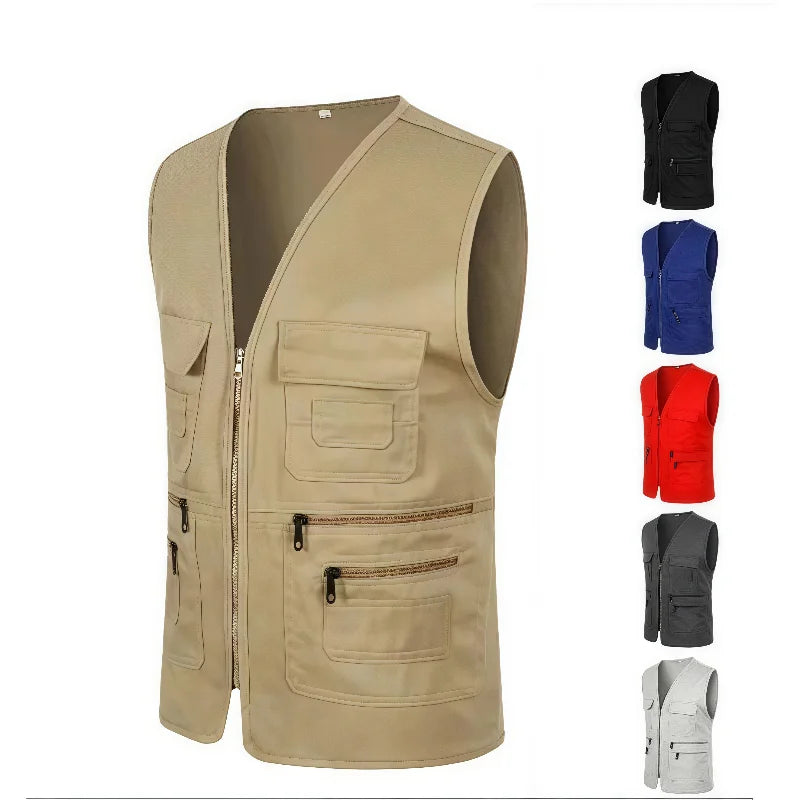 Work Clothes Vest Multi-pocket Solid Color Casual Sleeveless.