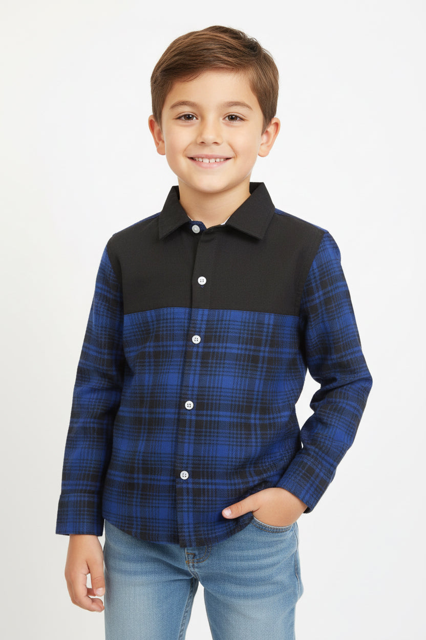 Boys' Blue Plaid Flannel Shirt - Long Sleeve Cotton Button-Down (3-14Years)