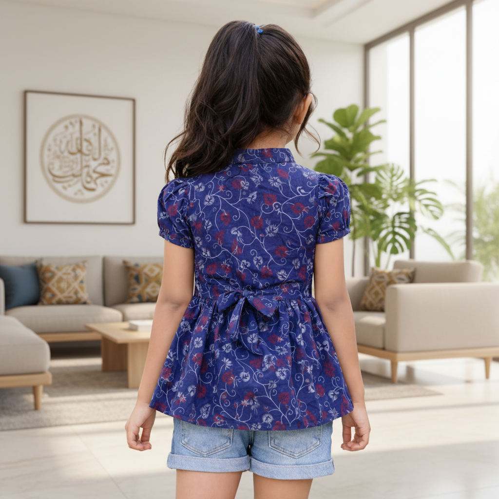 Girls Flower Printed Blue Denim Button-Down Tunic (2–12 Years)