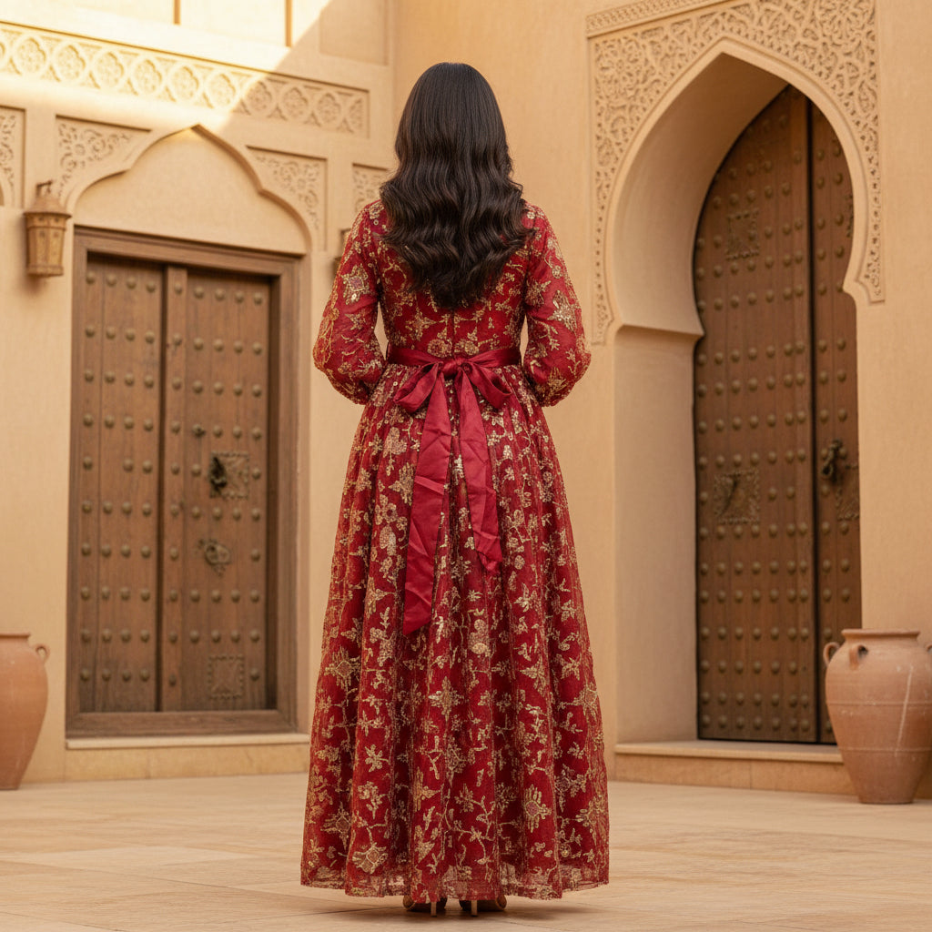Luxury Red Eid Abaya for Women 16,18 Years | Embroidered Modest Dress with Gold Details | MH