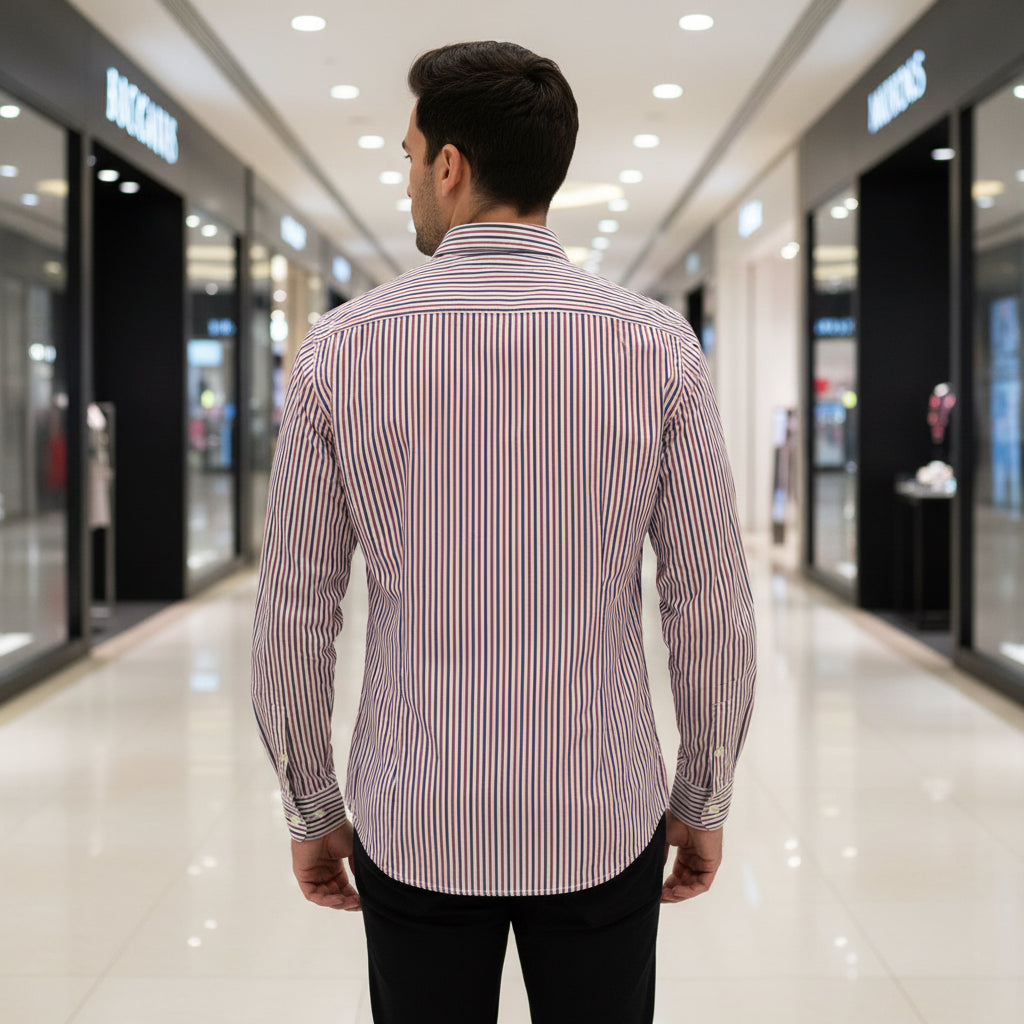 Men's Slim Fit Vertical Striped Cotton Long Sleeve Shirt | MH