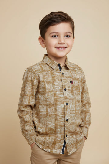Boys' Mustard Geometric Pattern Shirt – Textured Long Sleeve Casual Button-Down (2-12 Years) | MH