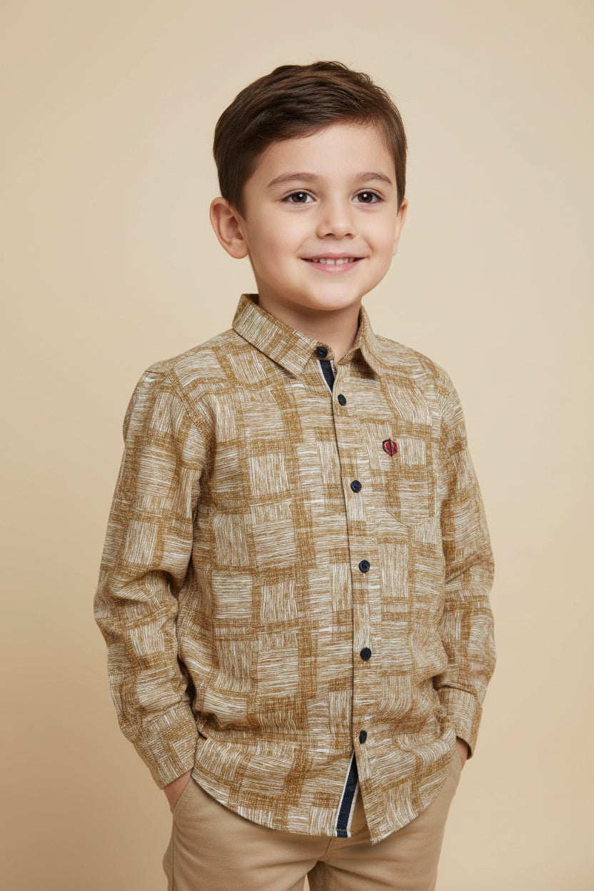 Boys' Mustard Geometric Pattern Shirt – Textured Long Sleeve Casual Button-Down (2-12 Years) | MH