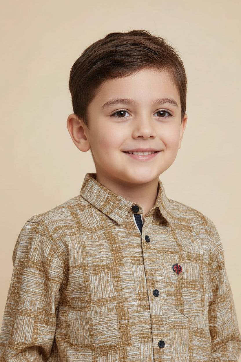 Boys' Mustard Geometric Pattern Shirt – Textured Long Sleeve Casual Button-Down (2-12 Years) | MH