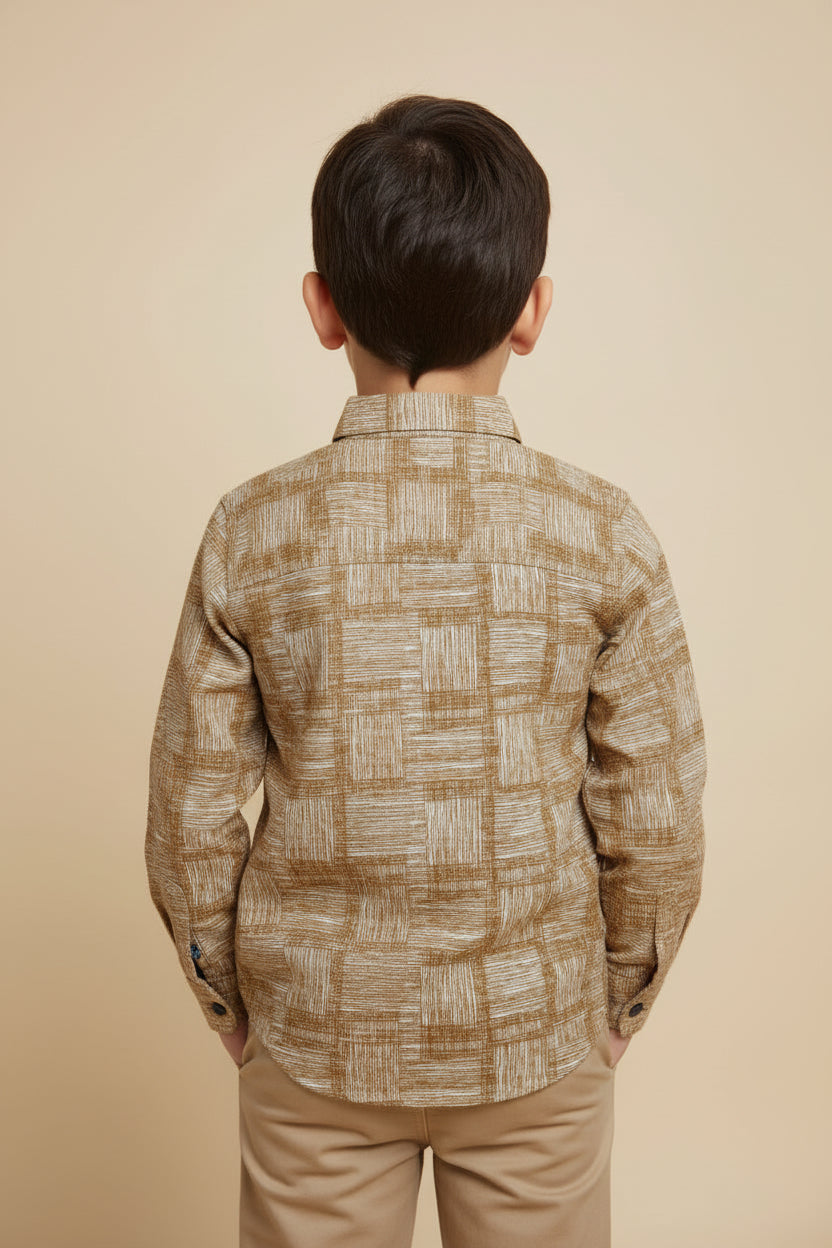 Boys' Mustard Geometric Pattern Shirt – Textured Long Sleeve Casual Button-Down (2-12 Years) | MH
