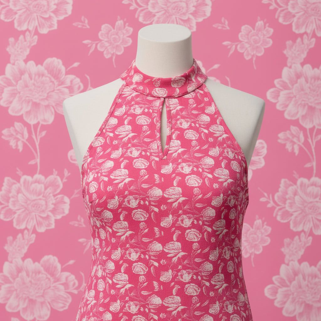 Ladies Pink Rose Pattern Halterneck Dress Bodycon | Sizes S-XL | MH