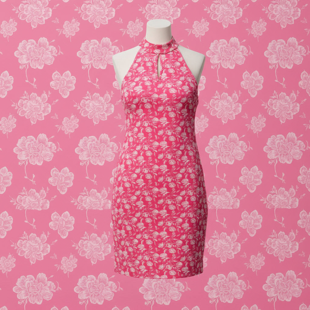 Ladies Pink Rose Pattern Halterneck Dress Bodycon | Sizes S-XL | MH