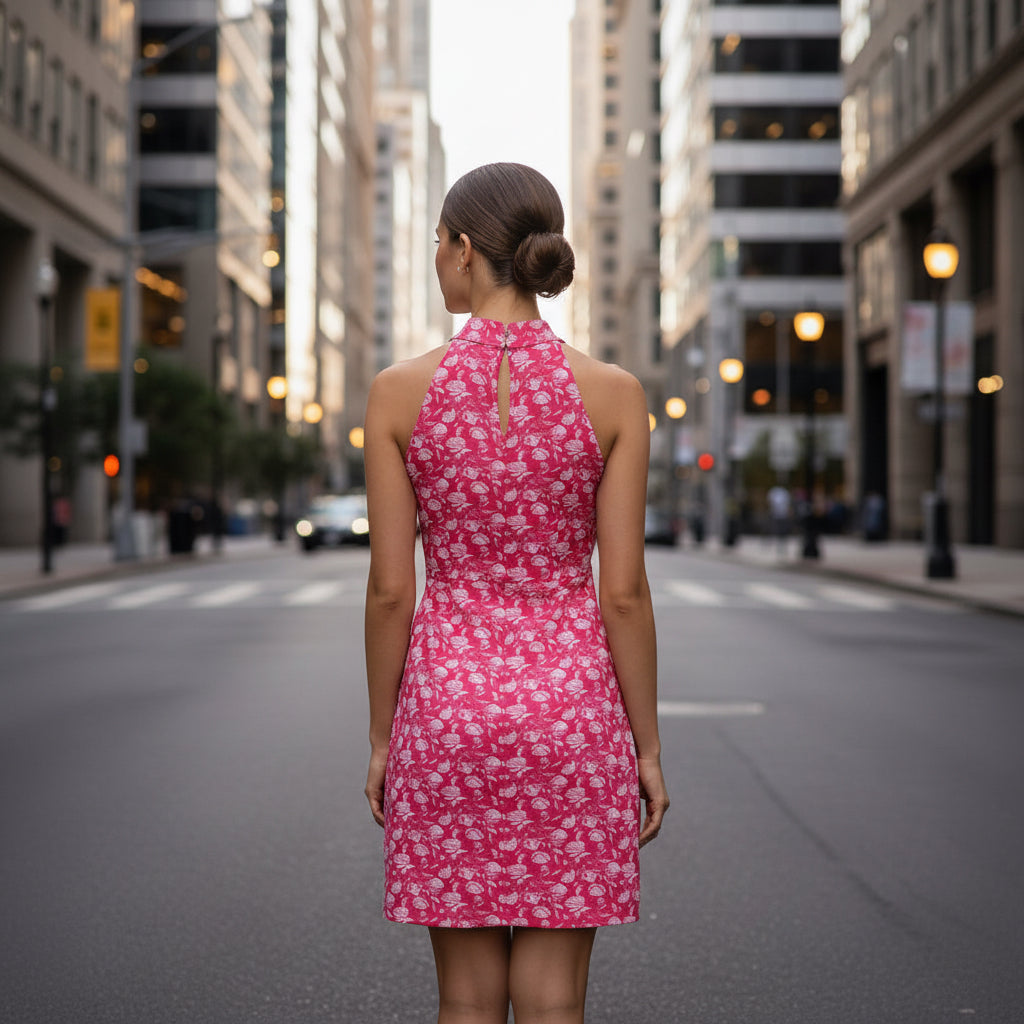 Ladies Pink Rose Pattern Halterneck Dress Bodycon | Sizes S-XL | MH