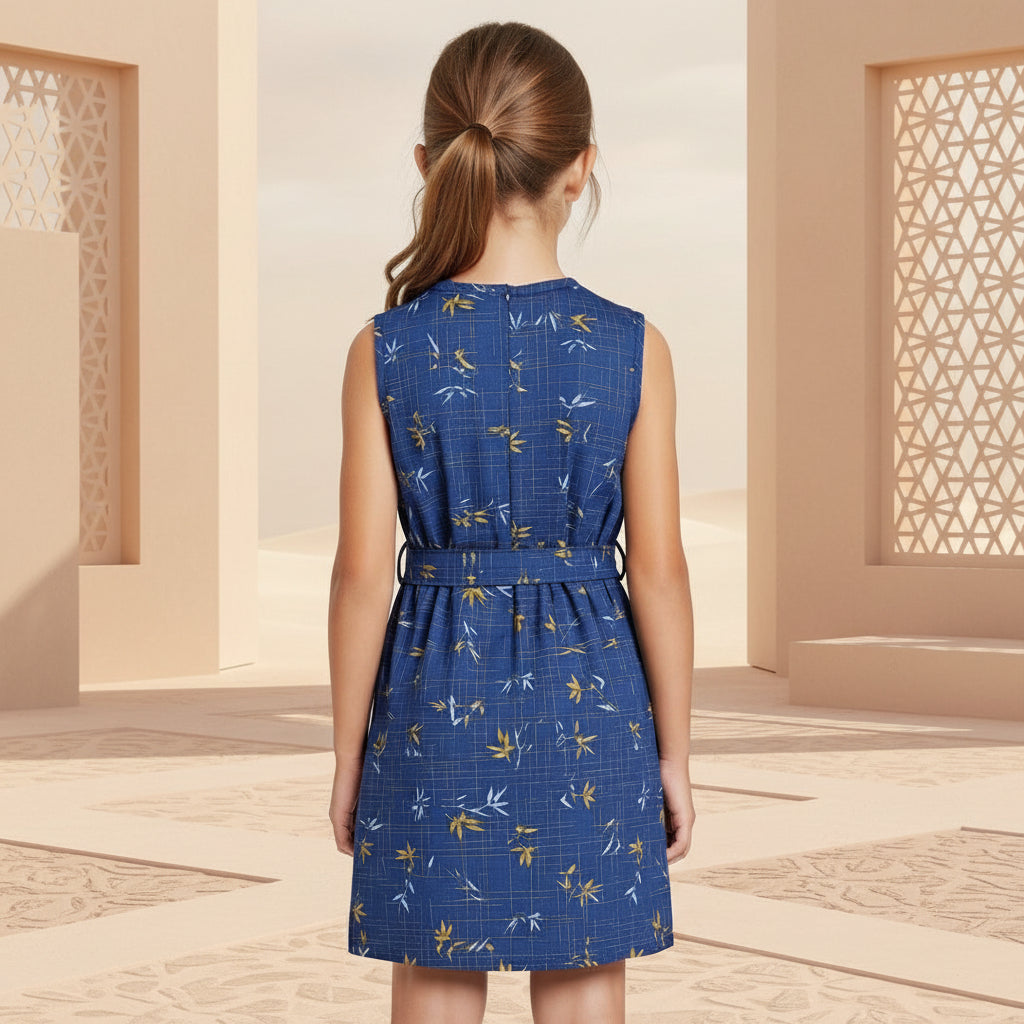 Girls Navy Blue Bamboo Print Sleeveless Dress with Belt | MH Kids Summer Casual Dress Age(2-12Years)