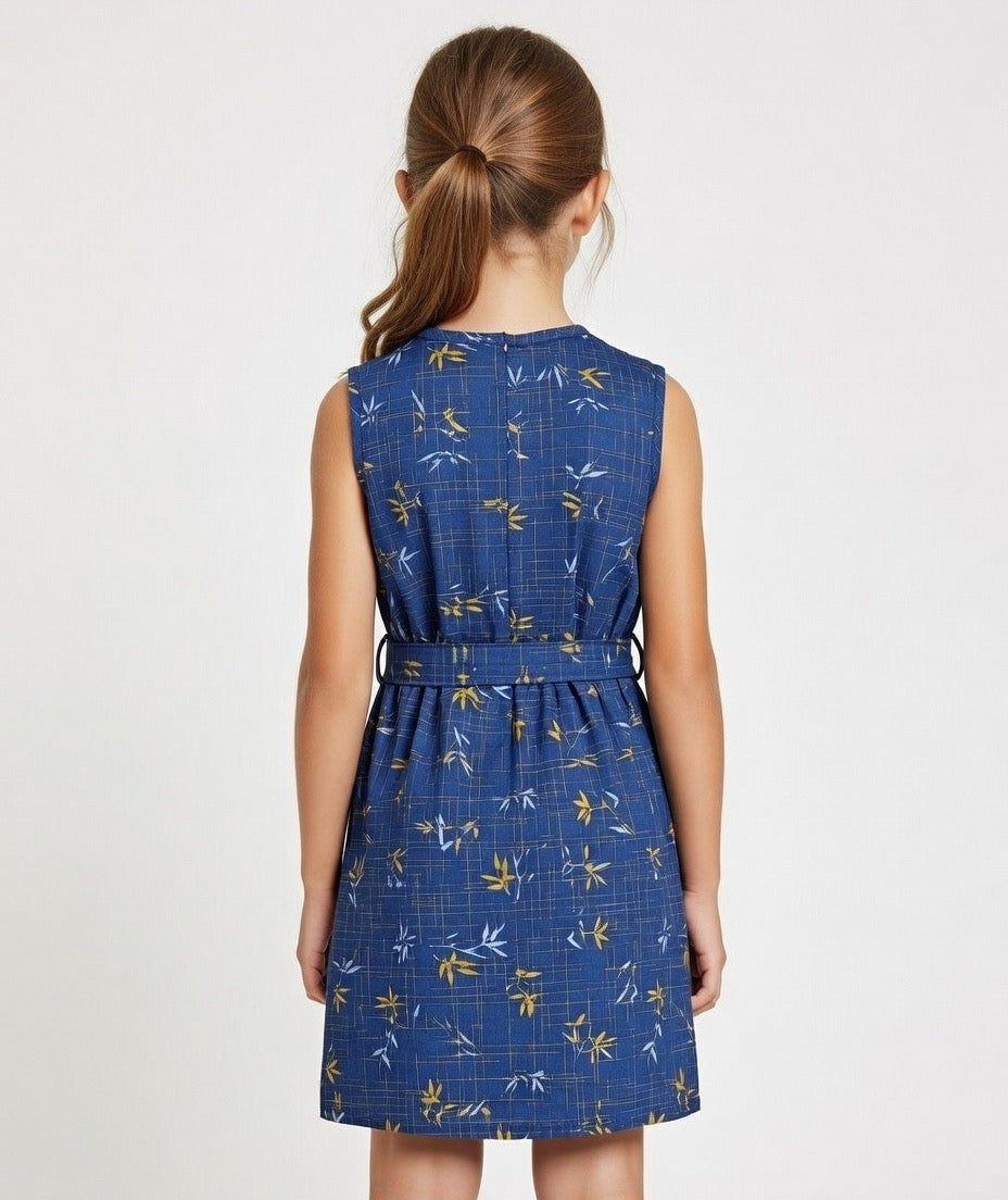 Girls Navy Blue Bamboo Print Sleeveless Dress with Belt | MH Kids Summer Casual Dress Age(2-12Years)